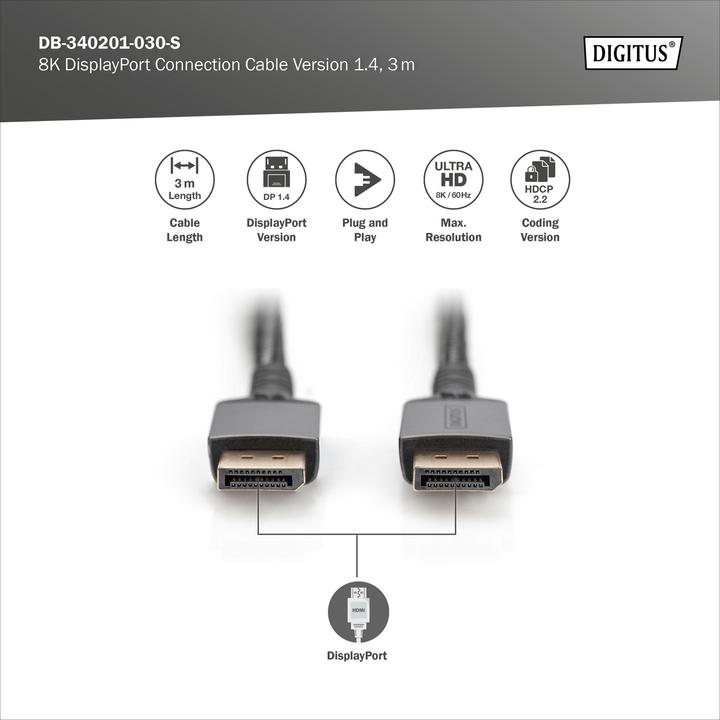 Actual product image Digitus 8K DisplayPort Connection Cable Version 1.4 (3 m, DisplayPort)