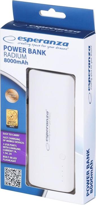 Actual product image Esperanza EMP106WE Radium - Gray - White - Universal - Rectangle - 8000 mAh - USB - 5 V (8000 mAh, 29.60 Wh)