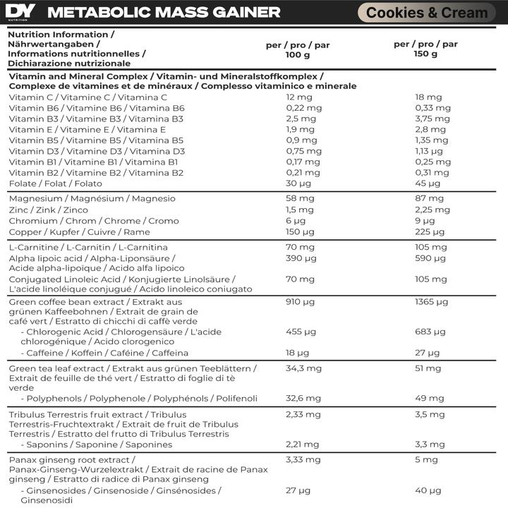 Nährwerte und Zutaten DY Nutrition Metabolic Mass (Cookies & Cream, 1 Stk., 6000 g)