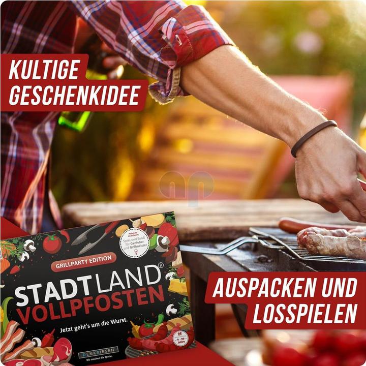 Actual product image Denkriesen STADT LAND VOLLPFOSTEN® A4 - GRILLPARTY EDITION "Now it's time for the sausage". (German)