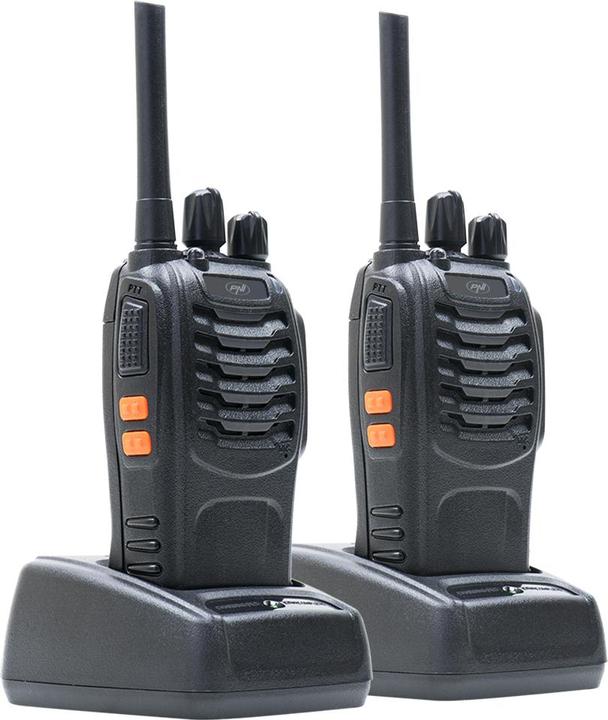 Produktbild PNI Packung mit 6 tragbaren PMR R40 PRO-Radios, Batterien, Ladegeräten und Kopfhörern im Lieferumfan