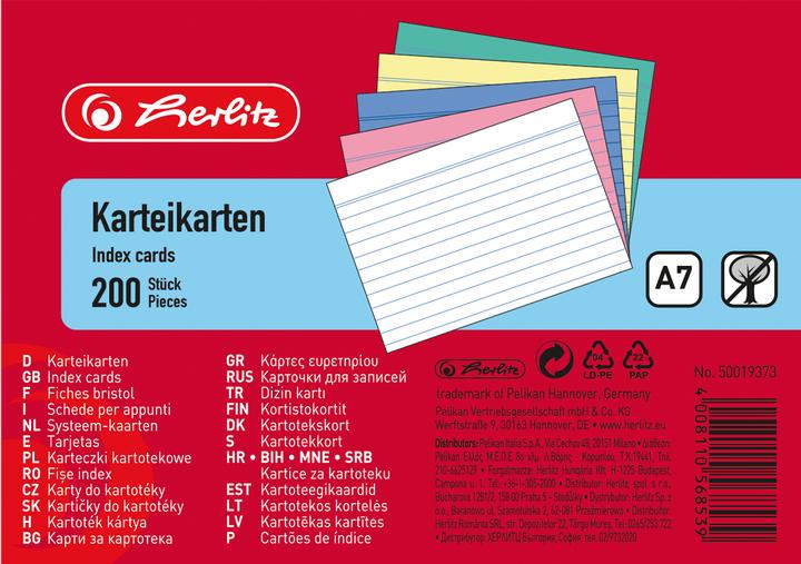 Actual product image Herlitz Index cards, DIN A7, lined, assorted colours made of paper, 170 gsm, wood-free, line colour: blue (A7, 175 g/m², 200 x)