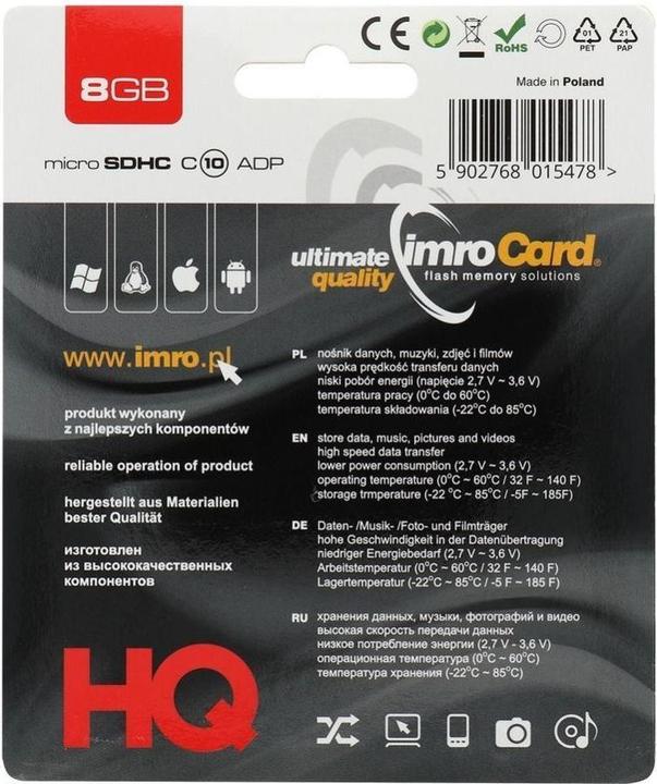 Image du produit IMRO 10/8G ADP Carte mémoire 8 Go MicroSDHC classe 10 (8 Go, microSDHC, U1, UHS-I)