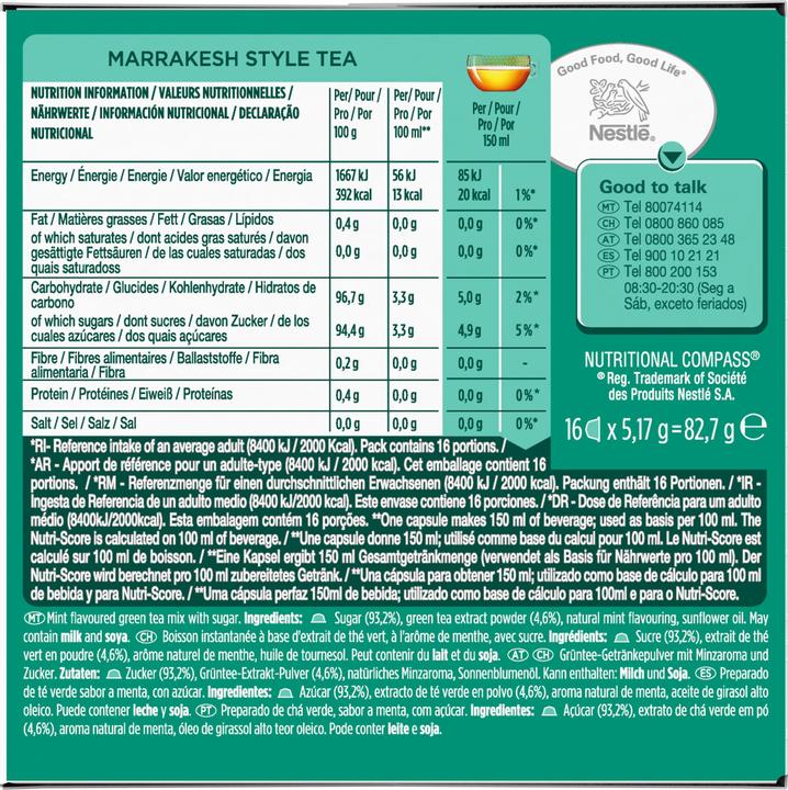 Nutritional values and ingredients Nescafé Dolce Gusto Marrakesh Style Tea (116 g)