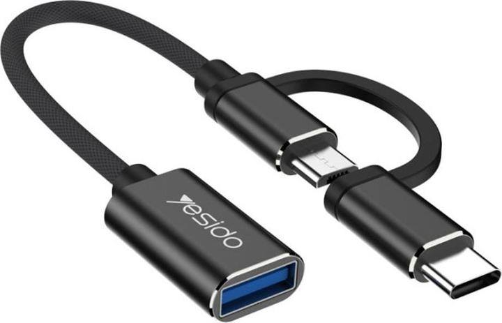Actual product image Yesido - OTG Cable Adapter 2in1 (GS02) - Type-C, Micro-USB to USB 3.0, Plug & Play, 5Gbps - Black (USB-A, USB Type C, Micro USB)