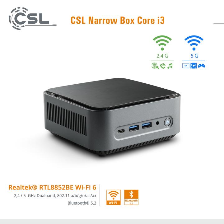 Immagine prodotto CSL Mini PC Narrow Box Core i3 / 32GB / 1000 GB M.2 SSD / Win 11 Home (Intel Core i3-N305, 32 GB, 1000 GB, Grafica Intel UHD)