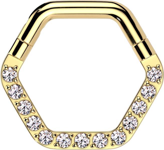 Produktbild Star Piercing Micro Segmentring klappbar vergoldet Hexagon front Kristalle silber (Titan G23, ohne Messing)