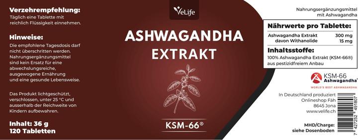 Nutritional values and ingredients VeLife Ashwagandha extract KSM-66 Tabl Ds 120 Stk (120 Piece, Pills, 60 g)