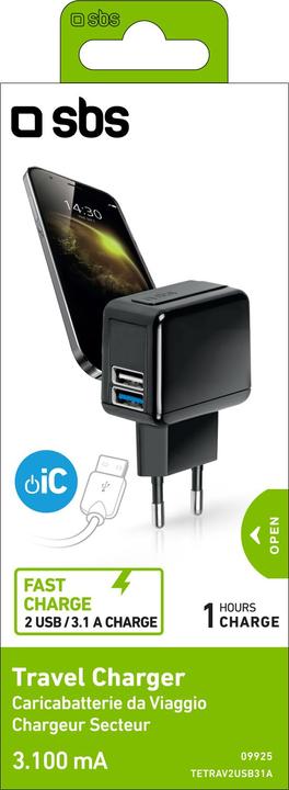 Actual product image SBS Travel charger 3.100 mAh with double USB port