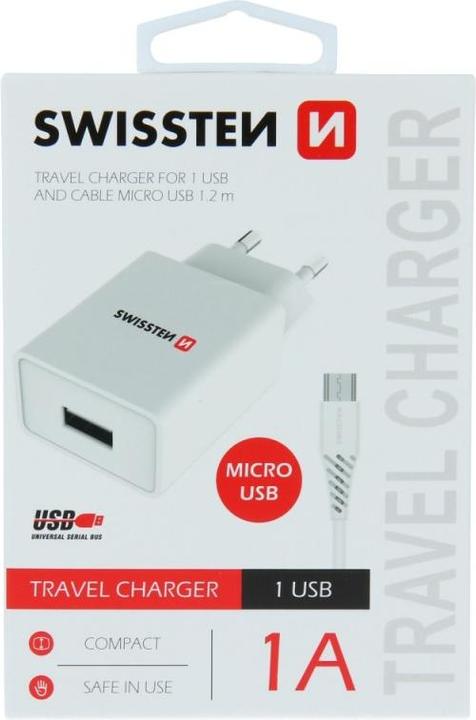 Immagine prodotto Swissten Caricatore USB Smart IC con 1x USB 1A alimentazione + cavo dati USB / Micro-USB 1,2 M (5 W)