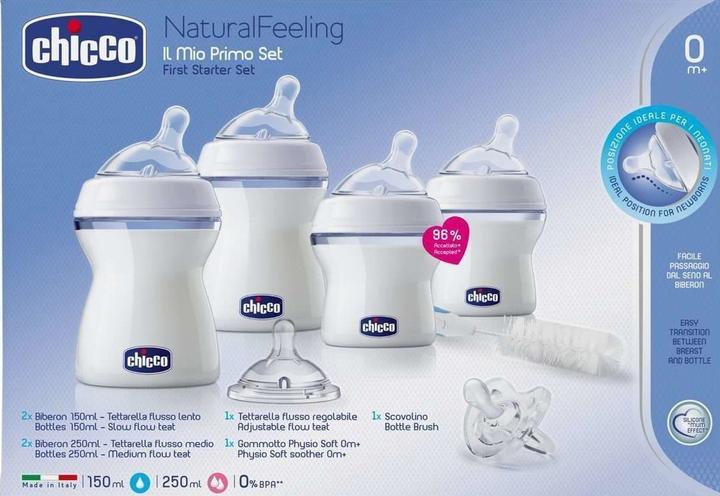 Actual product image Chicco Starter Set NATURAL FEELING 2x150ml 2x250ml 1 Teat 1 Physioforma Soft 1 Bottle Brush UNI 0m+ (300 ml)