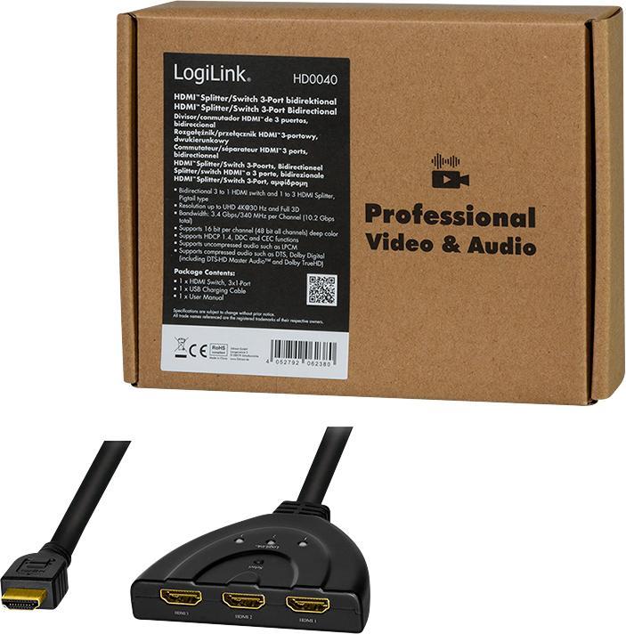 Image du produit LogiLink HD0040 HDMI Splitter 1x3/3x1 port, 4K/30 Hz, CEC,bidirect, pigtail