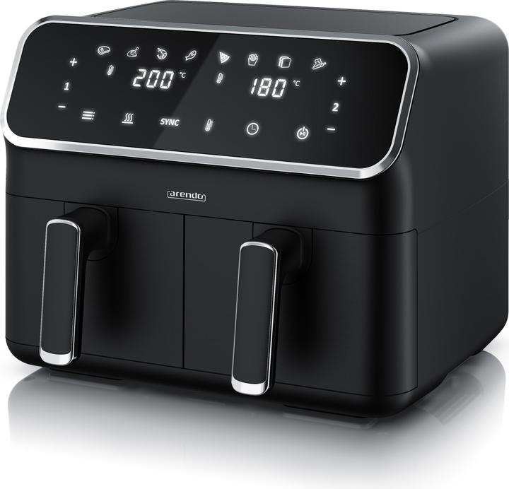 Produktbild Arendo Heissluftfritteuse XXL Doppelkammer Airfryer 8L, Dual Zone, Backofen, Edelstahl, 2700 W, mit Zubehör (CH-Stecker)