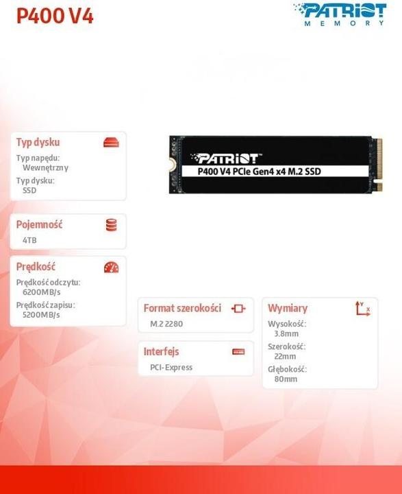 Image du produit Patriot P400 V4 4 TB (PCIe 4.0 x4, NVMe 2.0, M.2 2280) (4000 Go, M.2 2280)