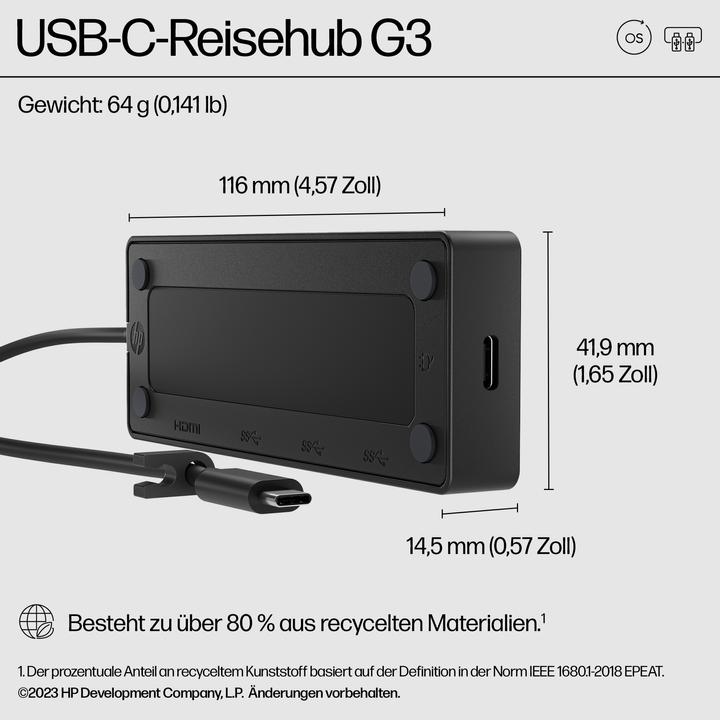 Productafbeelding HP USB-C Travel Hub G3 EMEA-INTL Engels (USB-C, 5 Havens)