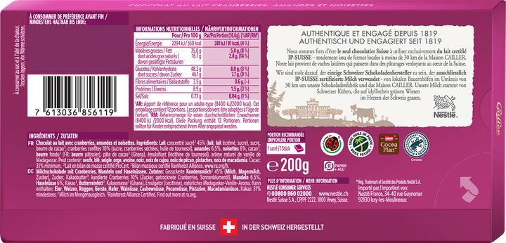 Produktbild Cailler Tafelschokolade Milch mit Cranberries (200 g)