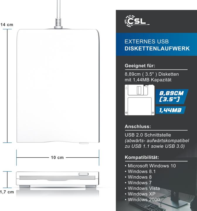 Produktbild CSL USB Diskettenlaufwerk extern, USB Floppy Laufwerk FDD 1,44MB (3,5) für PC & MAC, weiss (Floppy Disk Laufwerk)