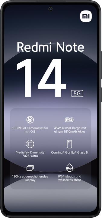 Image du produit Xiaomi Redmi Note 14 5G (256 Go, Midnight Black, 6.67", Double SIM hybride, 108 Mpx, 5G)