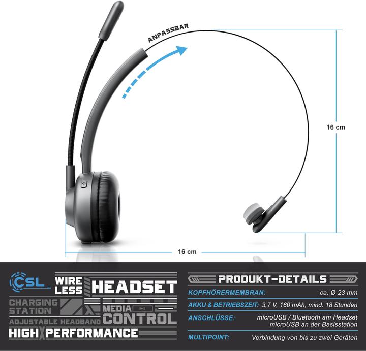 Produktbild CSL Kabelloses Headset, Wireless Mono Bluetooth Kopfhörer mit flexiblem Mikrofon, Ladestation,Multipoint (Kabellos)