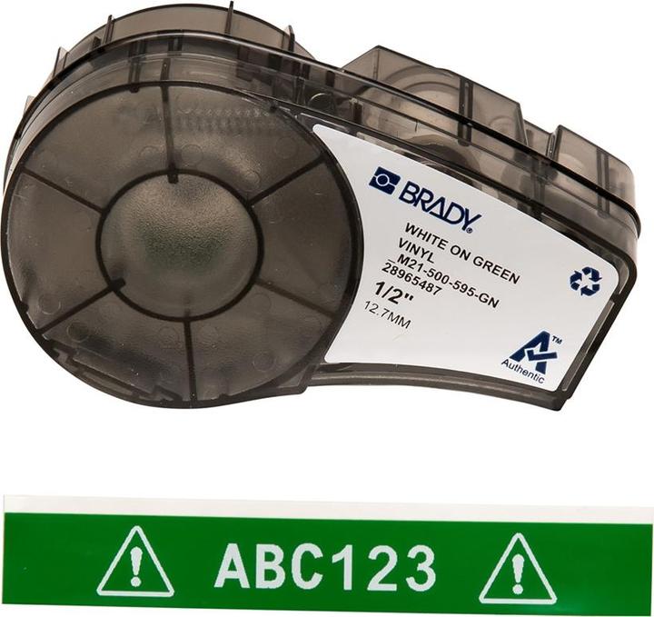 Actual product image Brady M21-500-595-GN-WT, vinyl, white on green, 12.7mm x 6.4m, permanent, continuous (1.27 cm)
