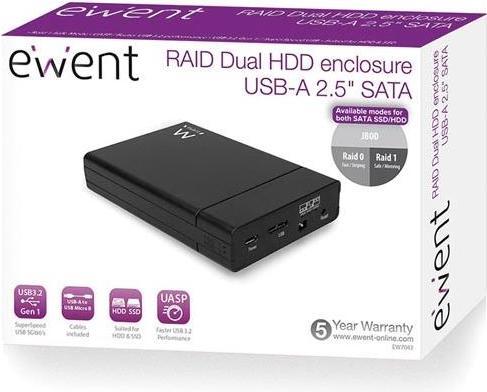 Actual product image Ewent 2.5" RAID SATA USB 3.0 Dual HDD SSD Enclosure, USB 3.2 Gen1 (2.5")