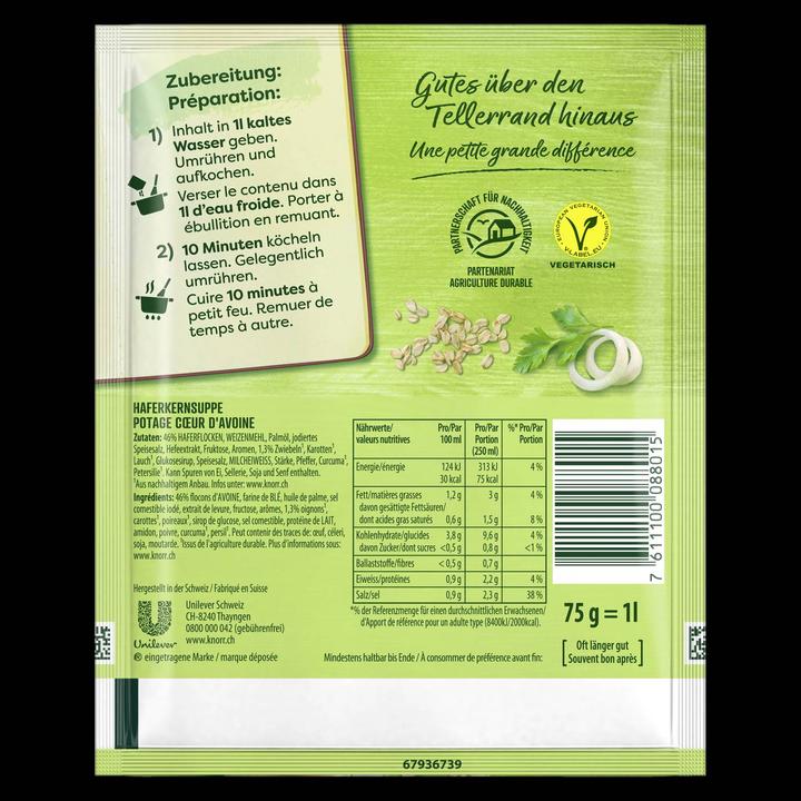Nährwerte und Zutaten Knorr Haferkern Suppe Beutel, feine crèmige Suppe mit Lauch & Haferkernen, einfach zubereitet