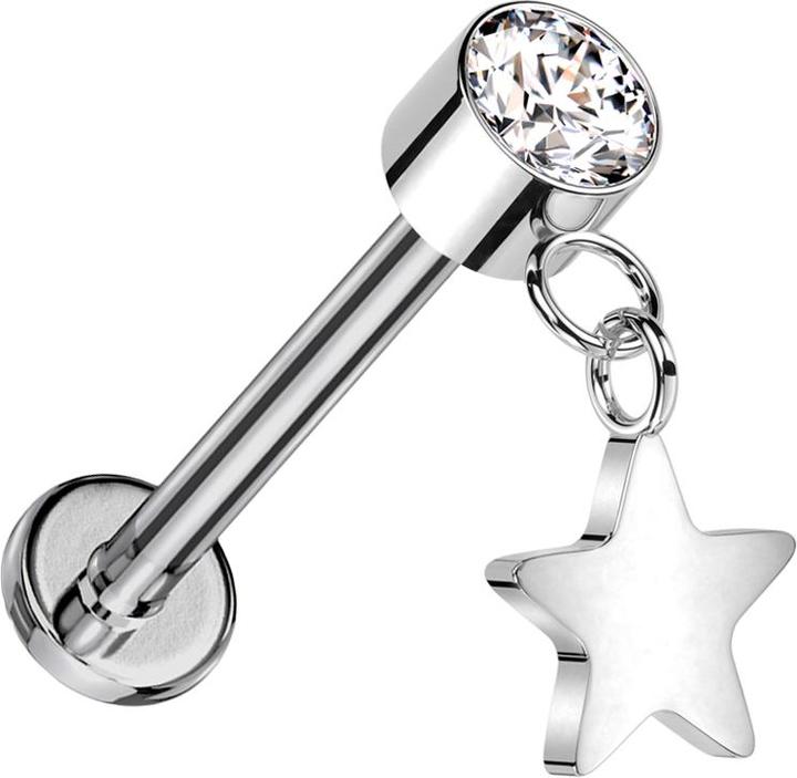 Star Piercing Micro Threadless Labret silber Zylinder silber Kristall silber Anhänger Stern silber (ohne Messing, Titan G23)