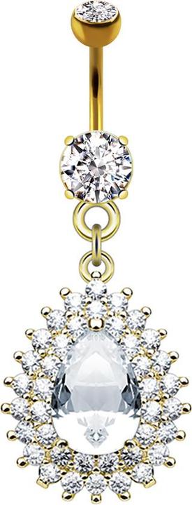 Star Piercing Banane 14k vergoldet mit Anhänger doppellinig Kristalle und Tropfenkristall (Messing, Chirurgenstahl 316L)