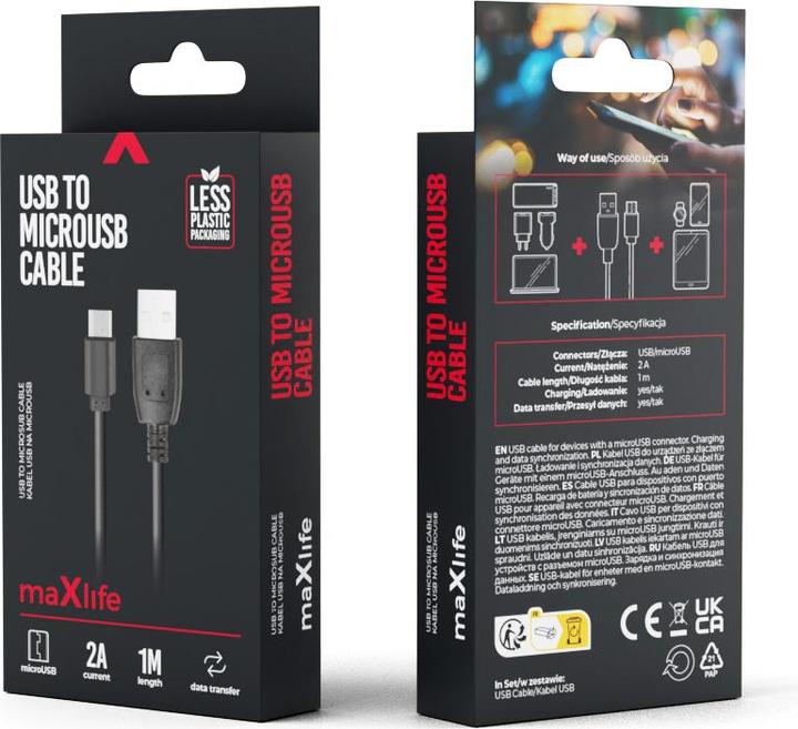 Produktbild Maxlife Kabel USB - microUSB 1,0 m 2A schwarz (1 m)