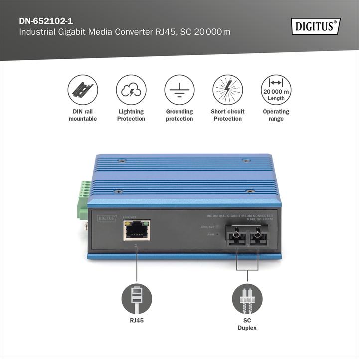 Produktbild Digitus Industrieller Gigabit Medienkonverter RJ45, SC 20 km