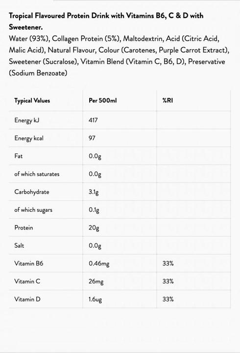 Nutritional values and ingredients Wow Hydrate Protein Water (12 x 500ml) (Tropical, 12 x)