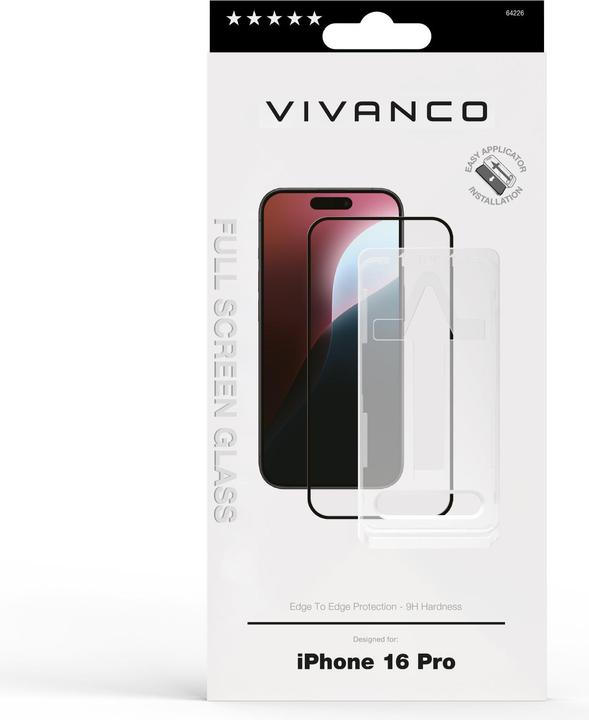 Image du produit Vivanco Verre de protection d'écran 2.5D FullScreen pour iPhone 16 Pro Installation de l'applicateur (1 pièce(s), Apple iPhone 16 Pro)