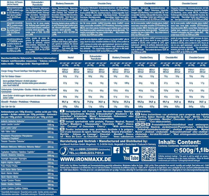 Nährwerte und Zutaten IronMaxx 100% Whey Protein (500g Beutel) (Latte Macchiato, 1 Stk., 500 g)