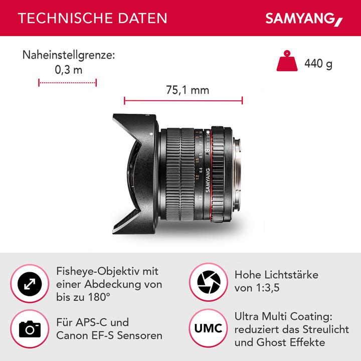 Image du produit Samyang 8mm f/3.5 Asph IF MC Fisheye CSII DH, Canon EF (Canon EF-S, APS-C / DX)