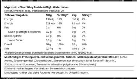 Nutritional values and ingredients MyProtein Clear Whey Isolate (Watermelon, 1 pcs., 488 g)