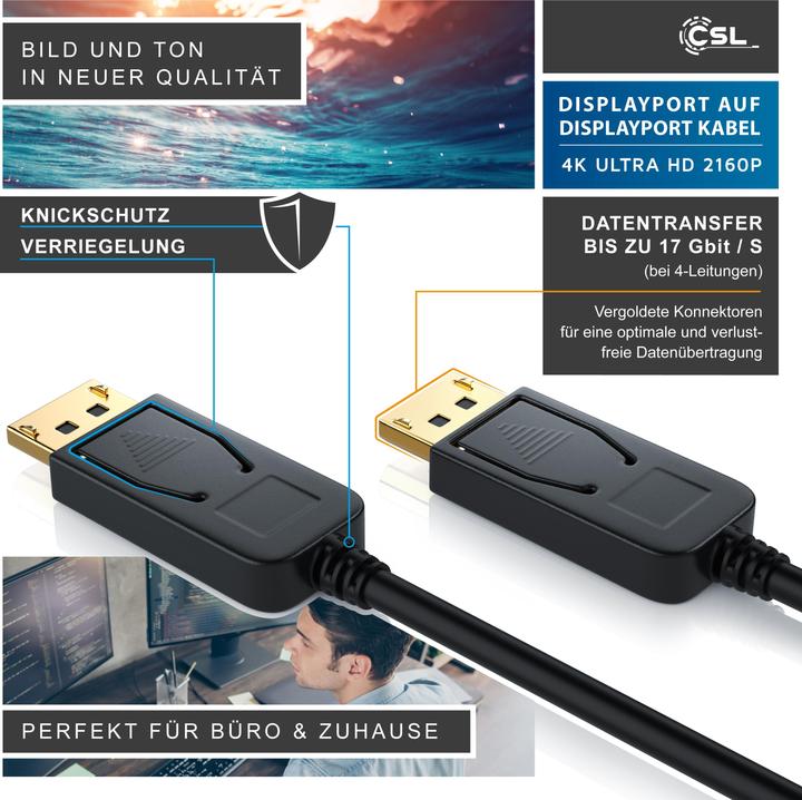 Image du produit CSL Câble DisplayPort 4k 60Hz Ultra HD - DisplayPort 1.2 vers DP 4K 1.2 y compris le transfert audio (5 m, DisplayPort)