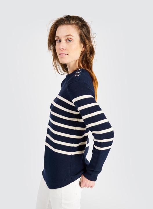 Actual product image Tribord Women's knitted sailing pullover, 100 navy blue with beige stripes (XS)