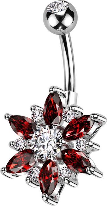 Star Piercing Banane silber mit Kugel silber Kristall silber und Blume Kristalle silber und rot (Chirurgenstahl 316L, Messing)