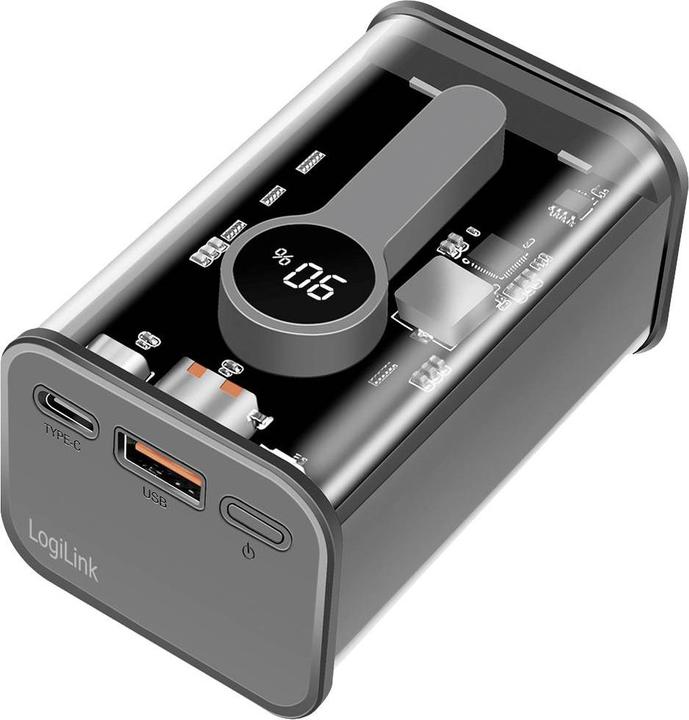 Produktbild LogiLink Powerbank 10000 mAh, 1x USB-A, 1x USB-C, mit Display, PD & QC, transp. (10000 mAh, 20 W, 37 Wh)