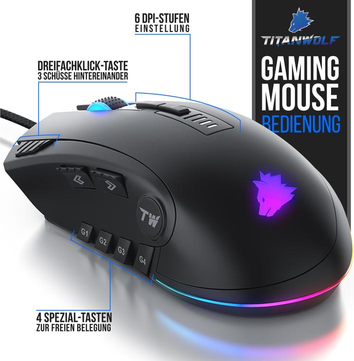 Produktbild Titanwolf Gaming Maus kabelgebunden, Gaming Mouse mit 24000 dpi & Gewichtstuning, 12 Tasten. Avago Sensor (Kabelgebunden)