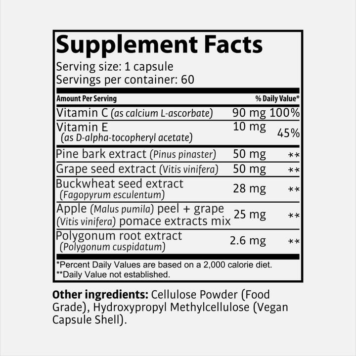 Nährwerte und Zutaten Tasnim OPC ESL – Zellgesundheit + Vitamin C – 60 Kapseln (60 Stück, Kapseln, 25 g)