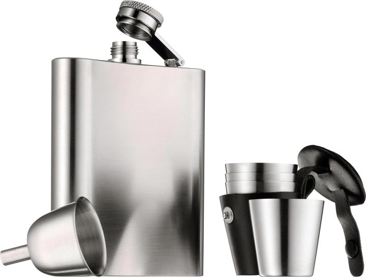 WMF Flachmann Set 6tlg mit Schnapsgläser Trichter Manhattan Edelstahl mattiert (200 ml)