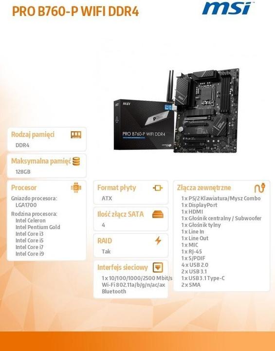 Productafbeelding MSI MB PRO B760-P Wifi DDR4 (B760, S1700, ATX, Intel) (LGA 1700, Intel B760, ATX)