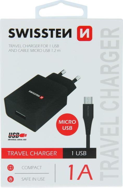 Actual product image Swissten USB charger Smart IC with 1x USB 1A power + data cable USB / Micro-USB 1.2 M (5 W)