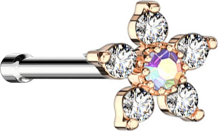 Star Piercing Nasenstecker gerade rosegold Blume mit Kristall multicolor und silber (Messing, Chirurgenstahl 316L)