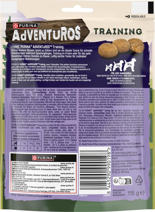 Nährwerte und Zutaten Adventuros Training Reich an Hirsch (Adult, 6 Stk., 750 g)