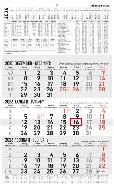 Produktbild 3-Monatskalender gross 2026 - Büro-Kalender 30x48,8 cm (geöffnet) - mit Datumsschieber - - (30 x 48 cm, Harter Einband, Deutsch)