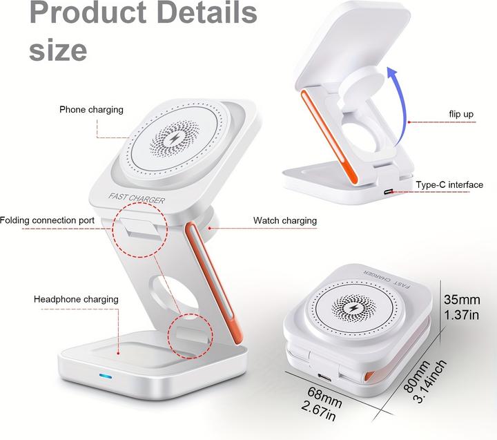 Produktbild PhoneLook 3-in-1 15W Magnetischer Kabelloser Ladegerät mit Faltbarem Ständer für iPhone / Apple Watch / AirPod (15 W)