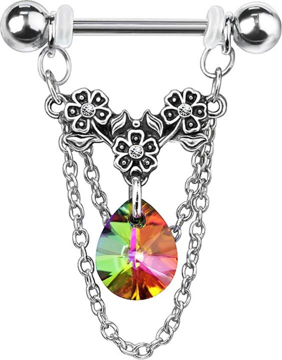 Star Piercing Barbell silber Blumen mit Kristall dunkel multicolor und Anhänger Kette (Messing, Chirurgenstahl 316L)