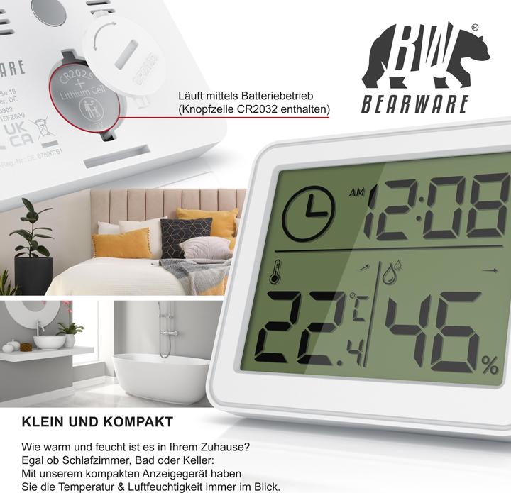 Image du produit Bearware Thermometer & Hygrometer, Temperatur, Luftfeuchtigkeit & Uhrzeit, Innenwetterstation, Magnethalter